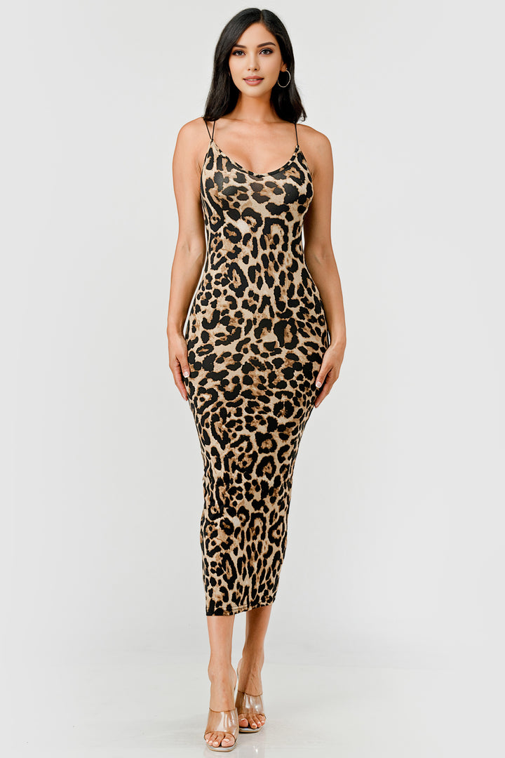 Leopard Print Strap V-neck Bodycon Maxi Dress