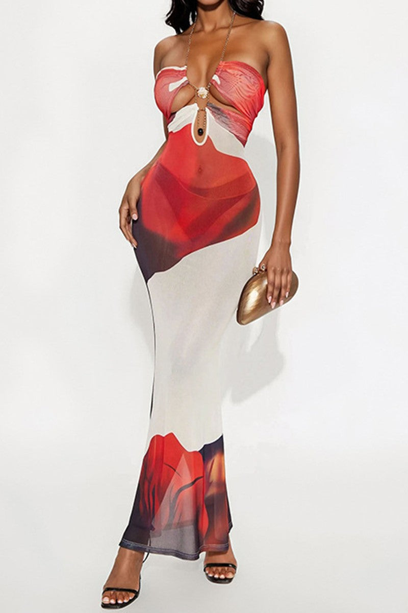 Sexy Floral Design Mesh Halter Maxi Dress