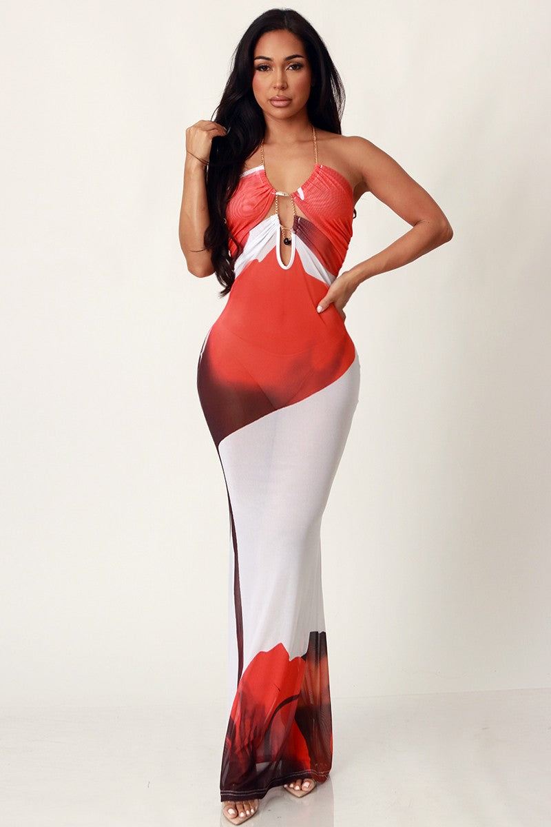 Sexy Floral Design Mesh Halter Maxi Dress