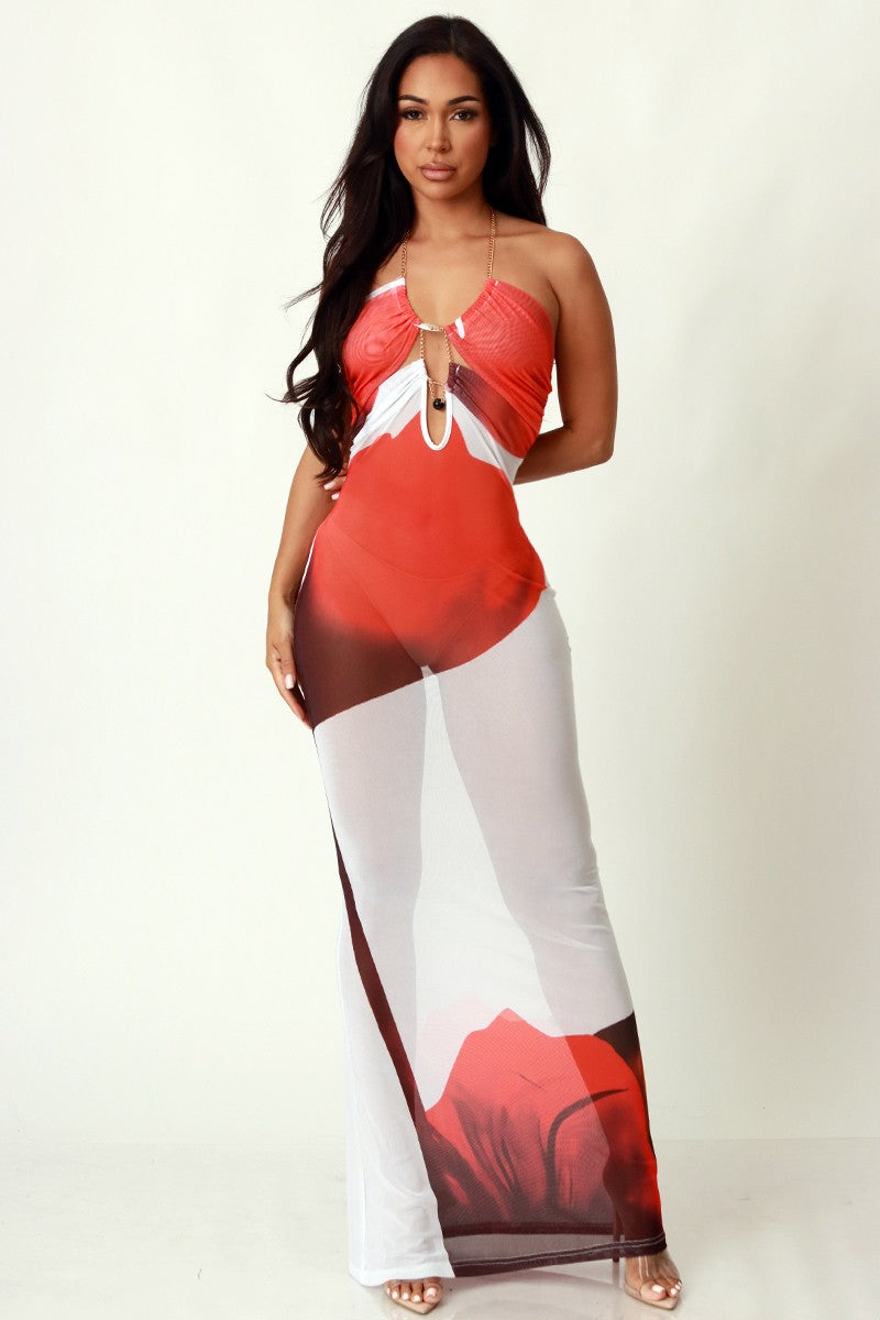 Sexy Floral Design Mesh Halter Maxi Dress