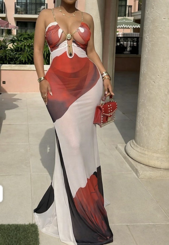Sexy Floral Design Mesh Halter Maxi Dress