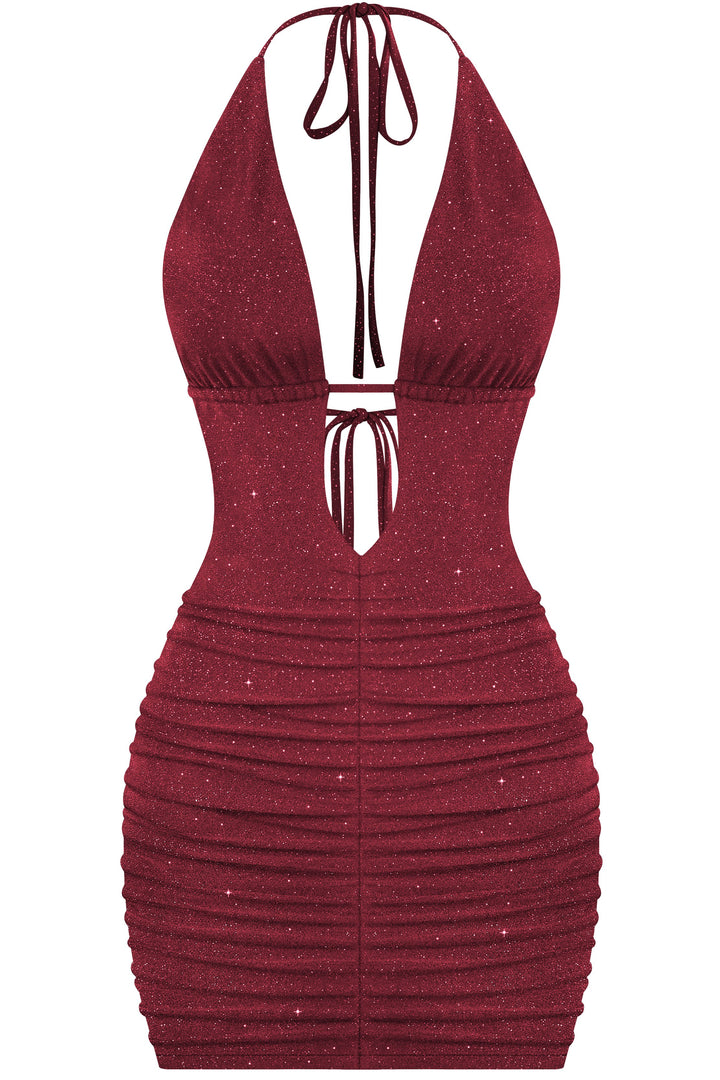 Halter Deep Plunge Glitter Mini Dress