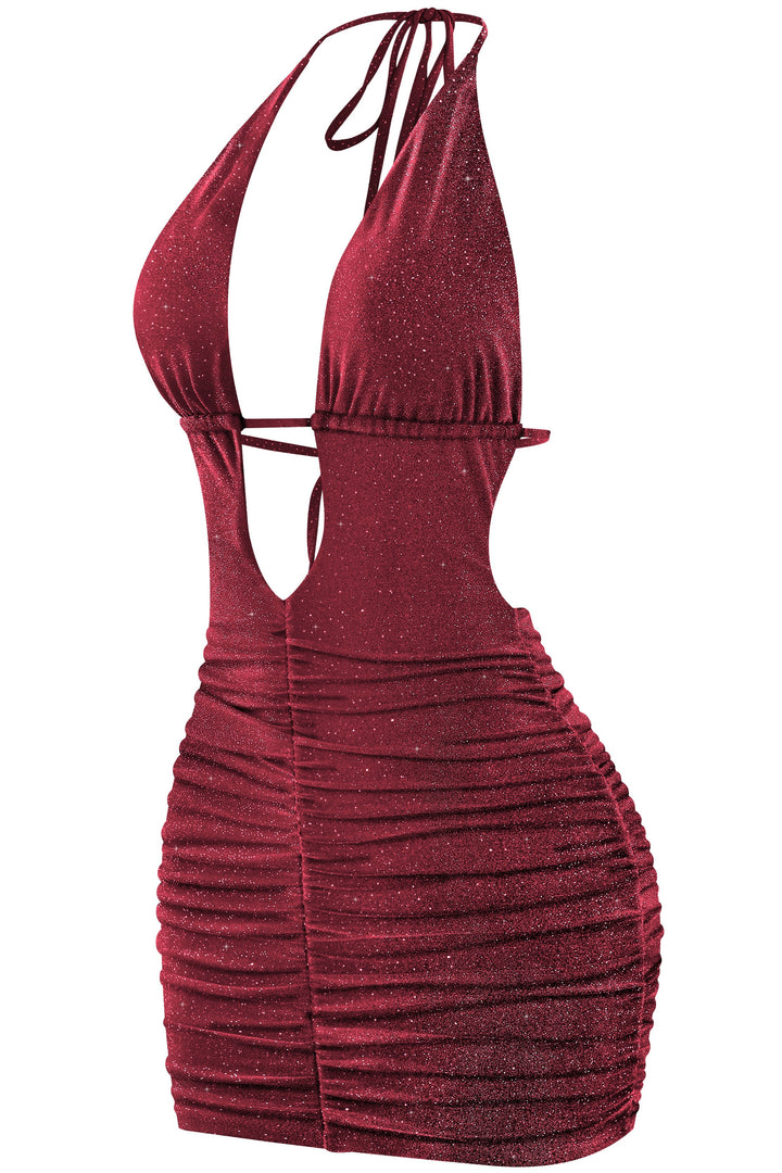 Halter Deep Plunge Glitter Mini Dress