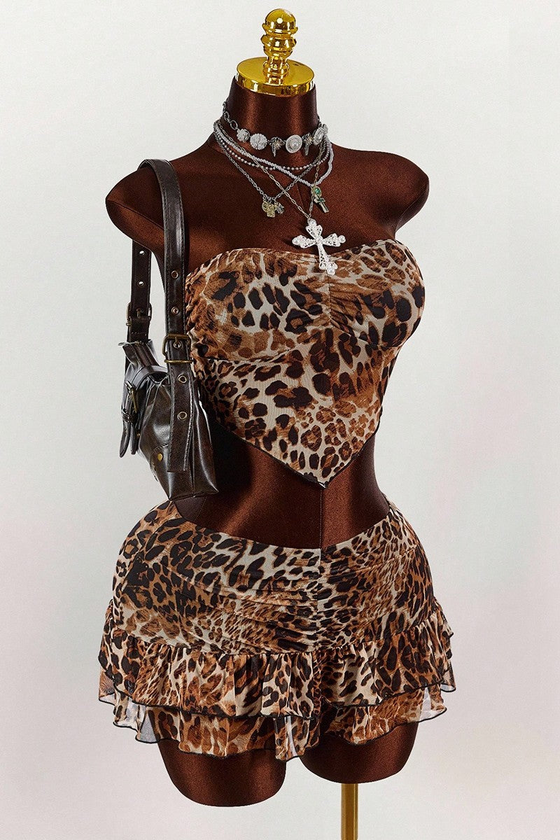 Chic Animal Print Strapless Skirt Set