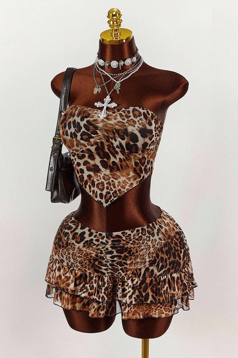 Chic Animal Print Strapless Skirt Set