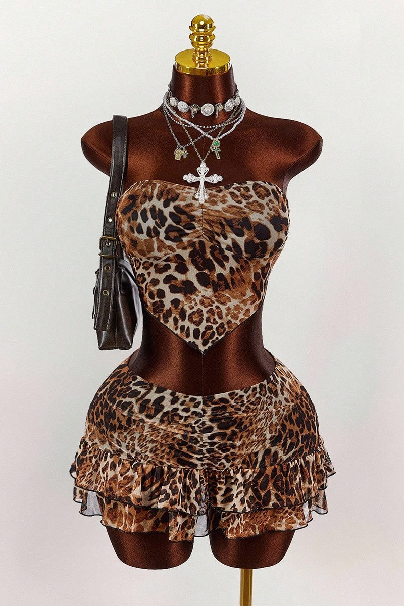 Chic Animal Print Strapless Skirt Set