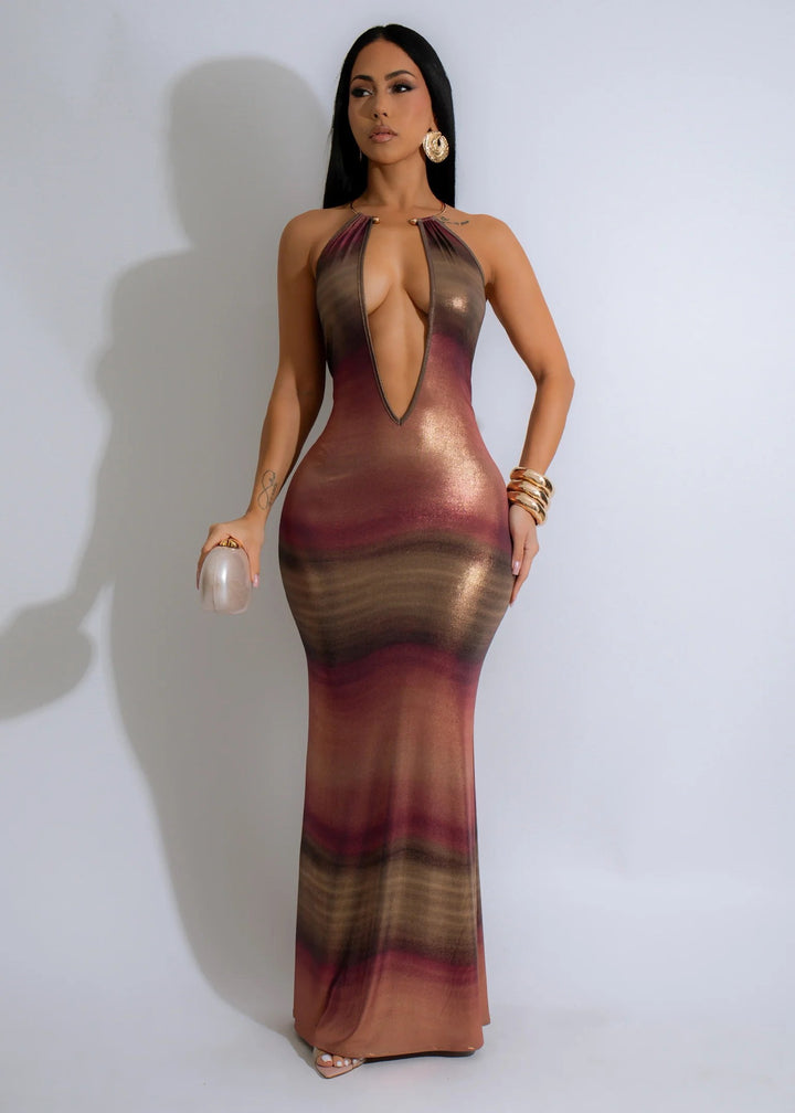 Gold Neck Trim Detailed Ombre Long Maxi Dress