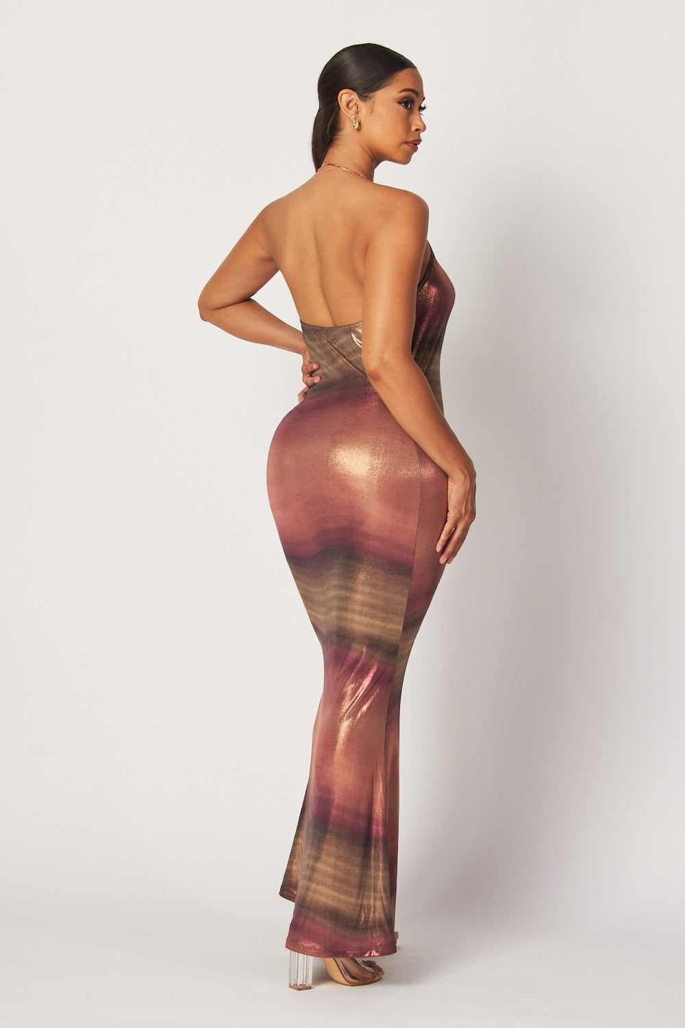 Gold Neck Trim Detailed Ombre Long Maxi Dress
