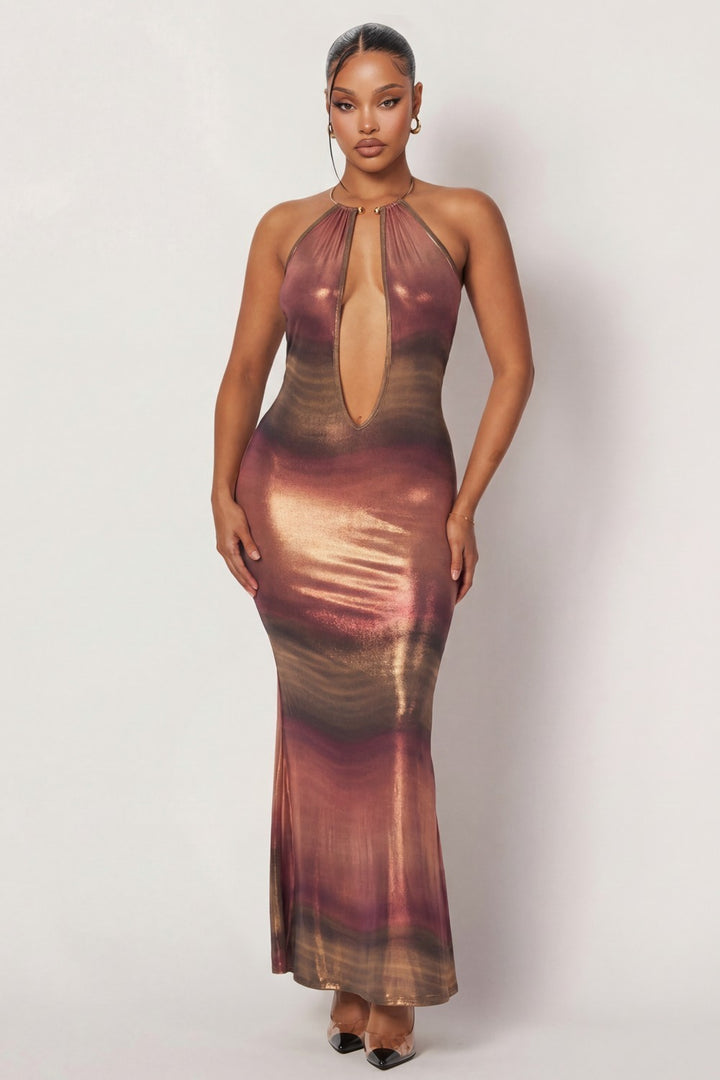 Gold Neck Trim Detailed Ombre Long Maxi Dress
