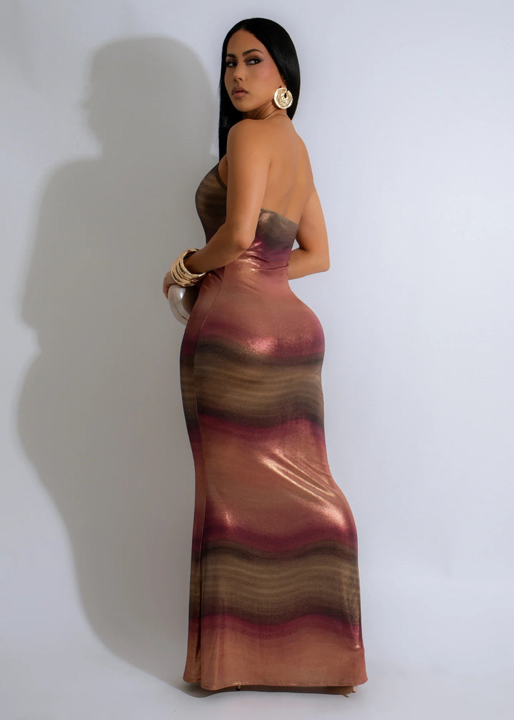 Gold Neck Trim Detailed Ombre Long Maxi Dress