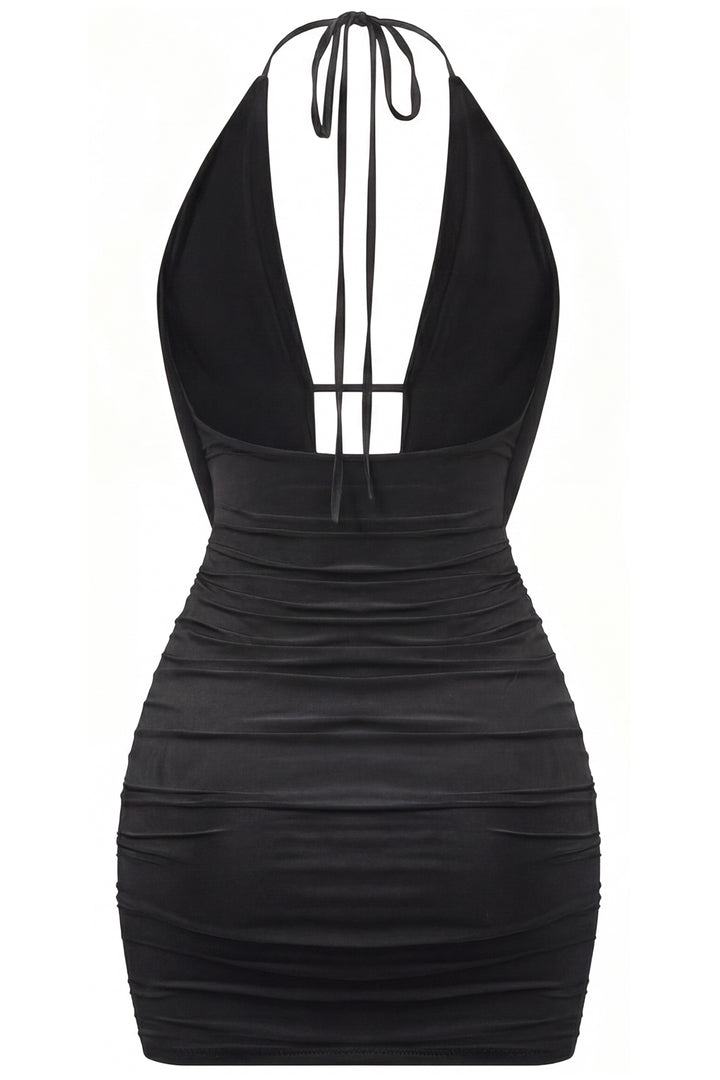 Sleeveless Halter Open Back Ruched Mini Dress