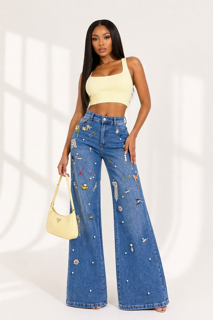 High Waisted Rhinestone Charm Wide Leg Jeans
