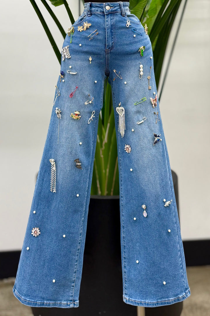 High Waisted Rhinestone Charm Wide Leg Jeans