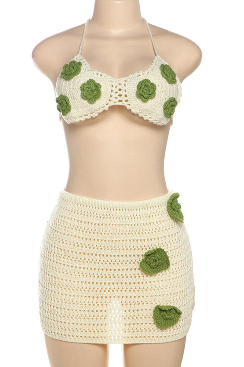 Crochet Floral Summer Halter Bikini Two Piece Set