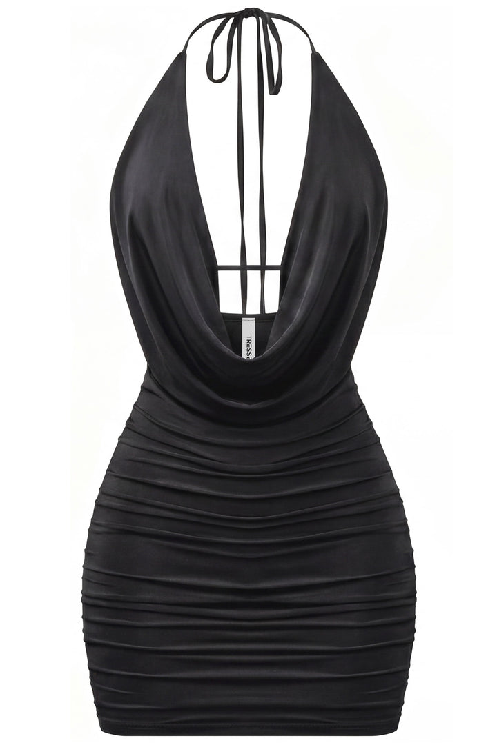 Sleeveless Halter Open Back Ruched Mini Dress