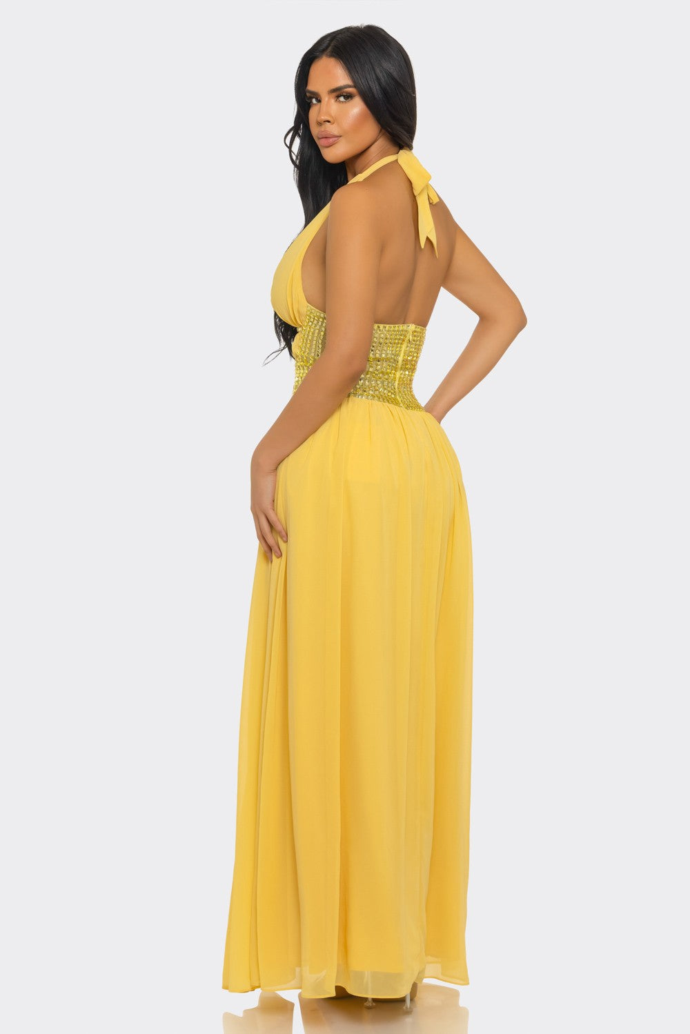 Deep V-Neck & Halter-Style Slit Rhinestones Maxi Dress