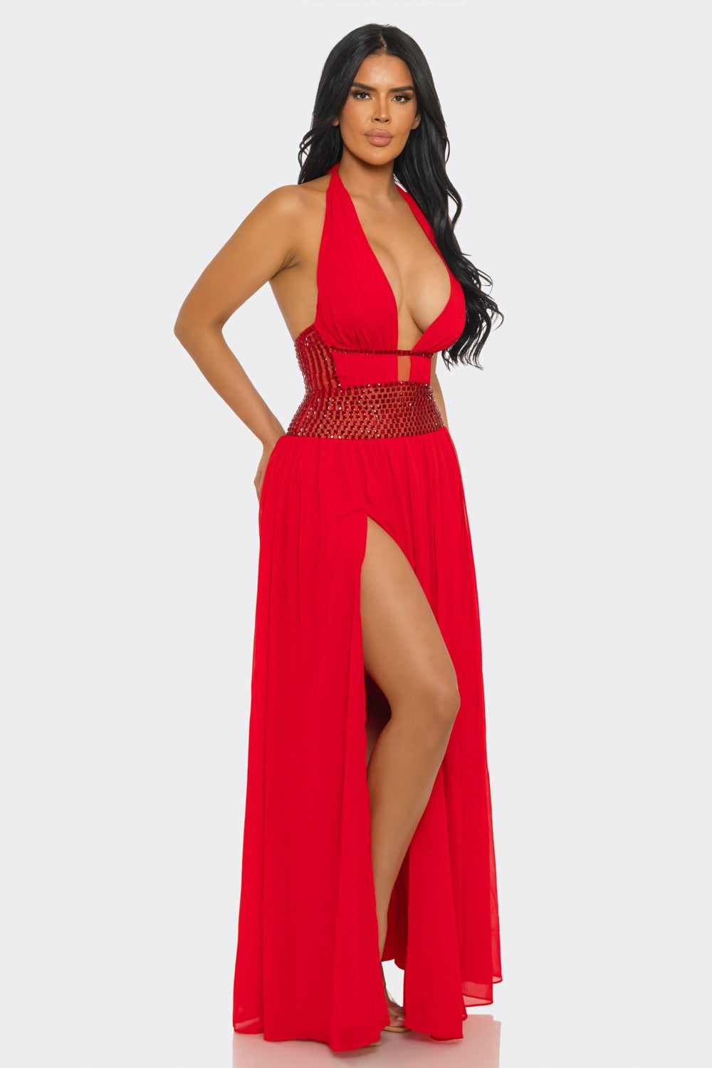Deep V-Neck & Halter-Style Slit Rhinestones Maxi Dress