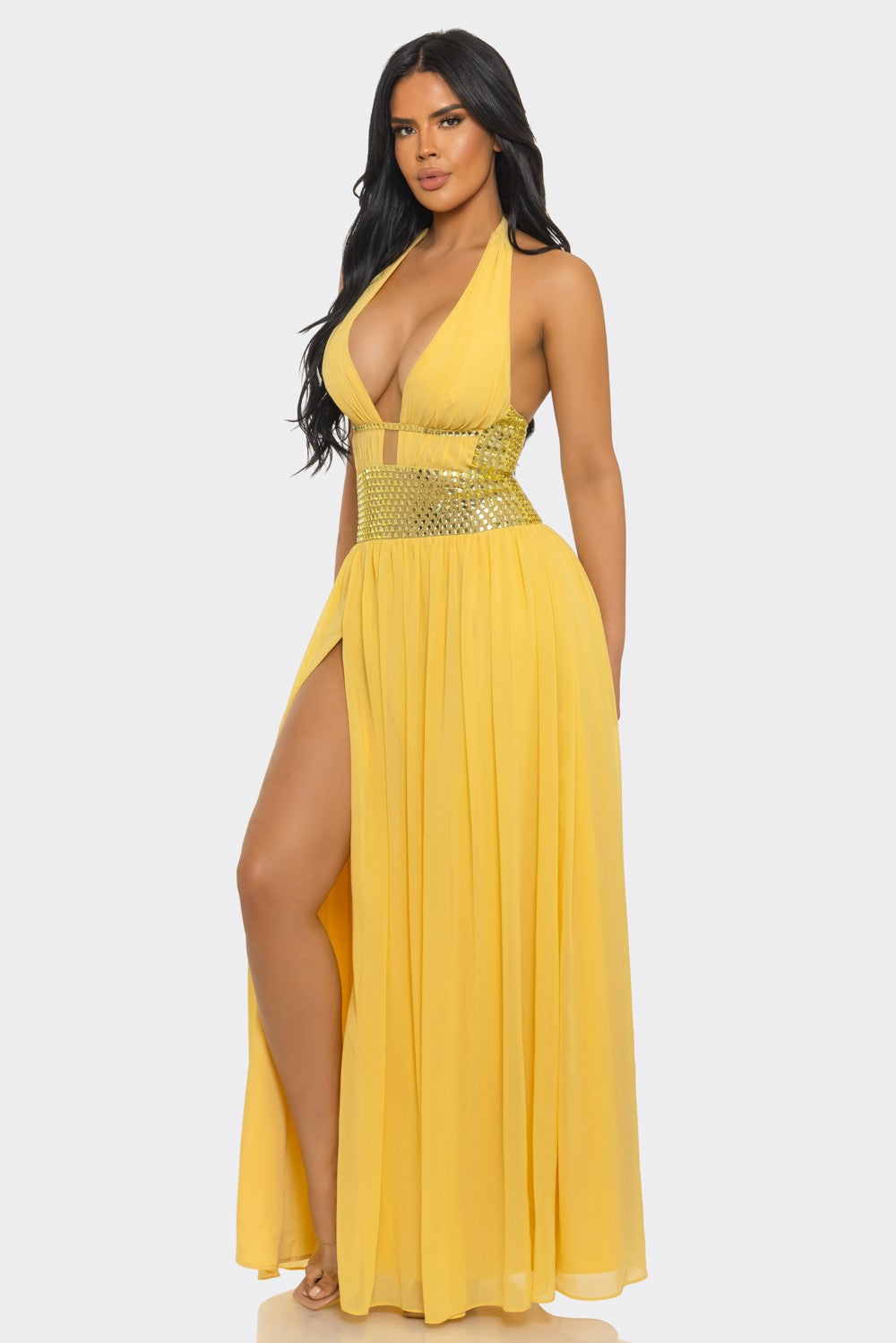 Deep V-Neck & Halter-Style Slit Rhinestones Maxi Dress
