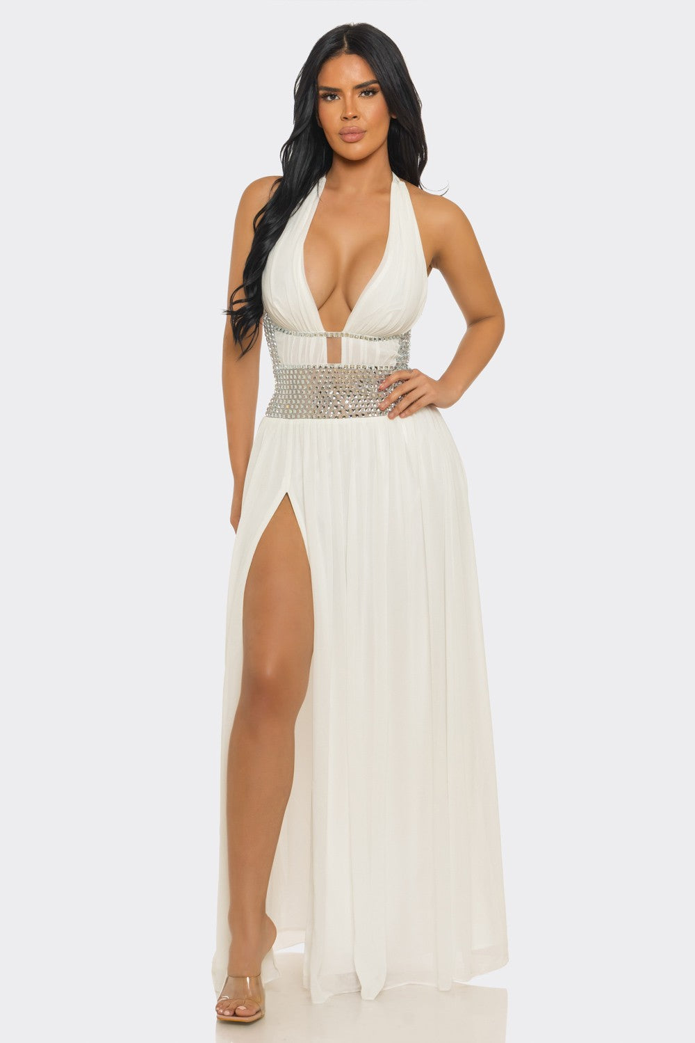 Deep V-Neck & Halter-Style Slit Rhinestones Maxi Dress