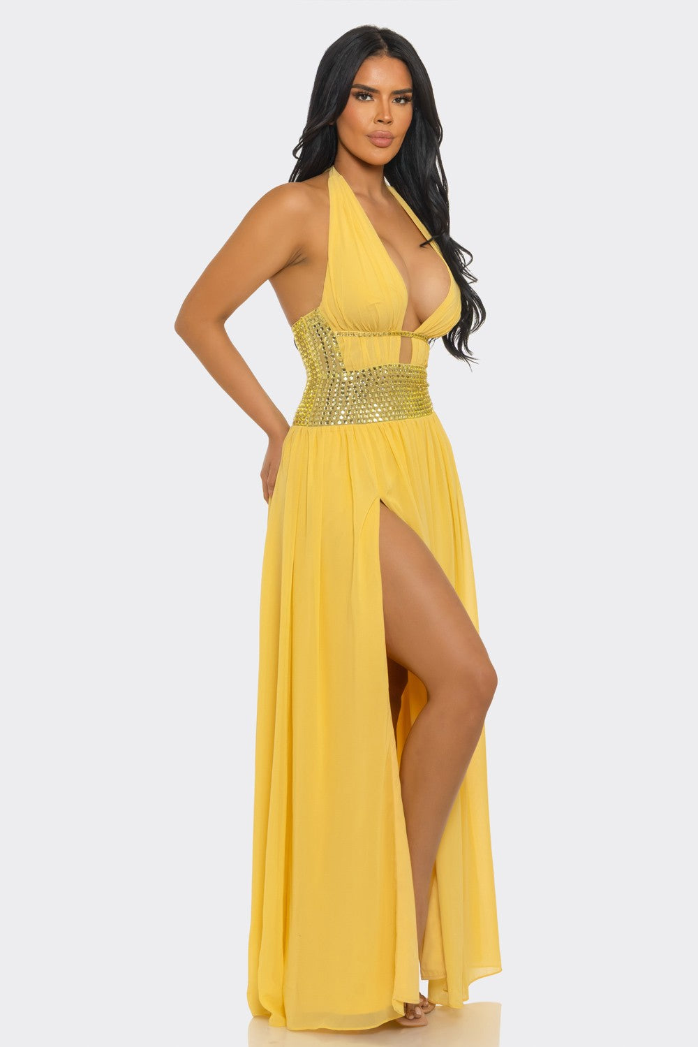 Deep V-Neck & Halter-Style Slit Rhinestones Maxi Dress