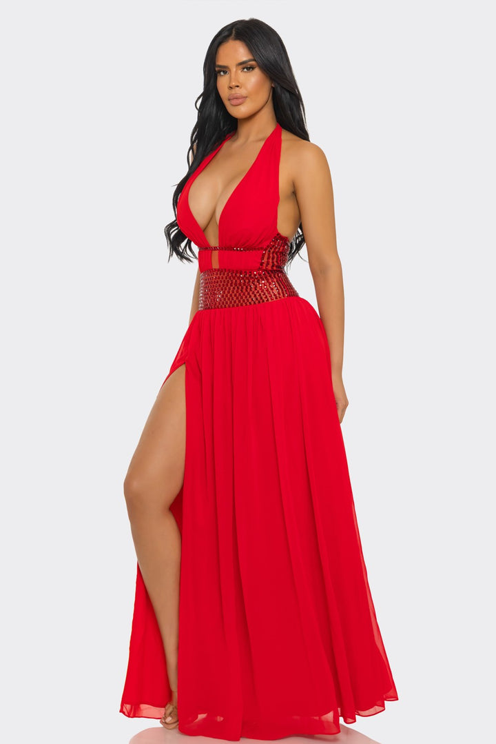 Deep V-Neck & Halter-Style Slit Rhinestones Maxi Dress