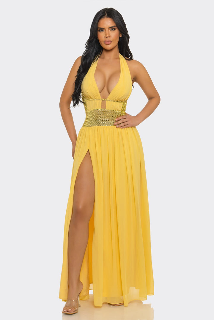 Deep V-Neck & Halter-Style Slit Rhinestones Maxi Dress