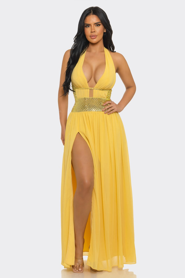Deep V-Neck & Halter-Style Slit Rhinestones Maxi Dress