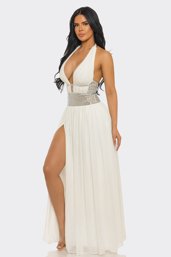 Deep V-Neck & Halter-Style Slit Rhinestones Maxi Dress