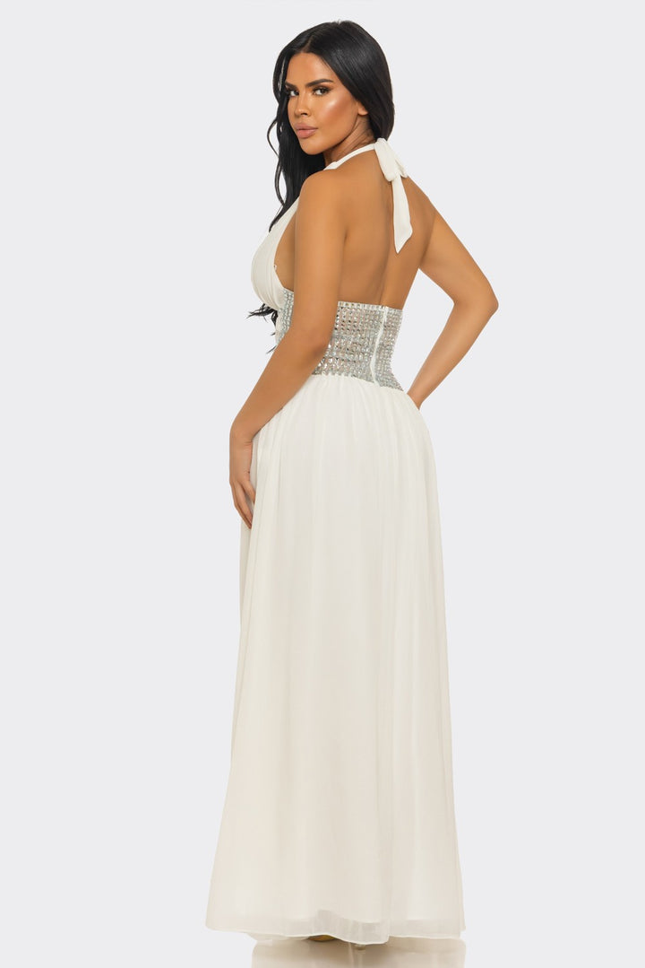 Deep V-Neck & Halter-Style Slit Rhinestones Maxi Dress