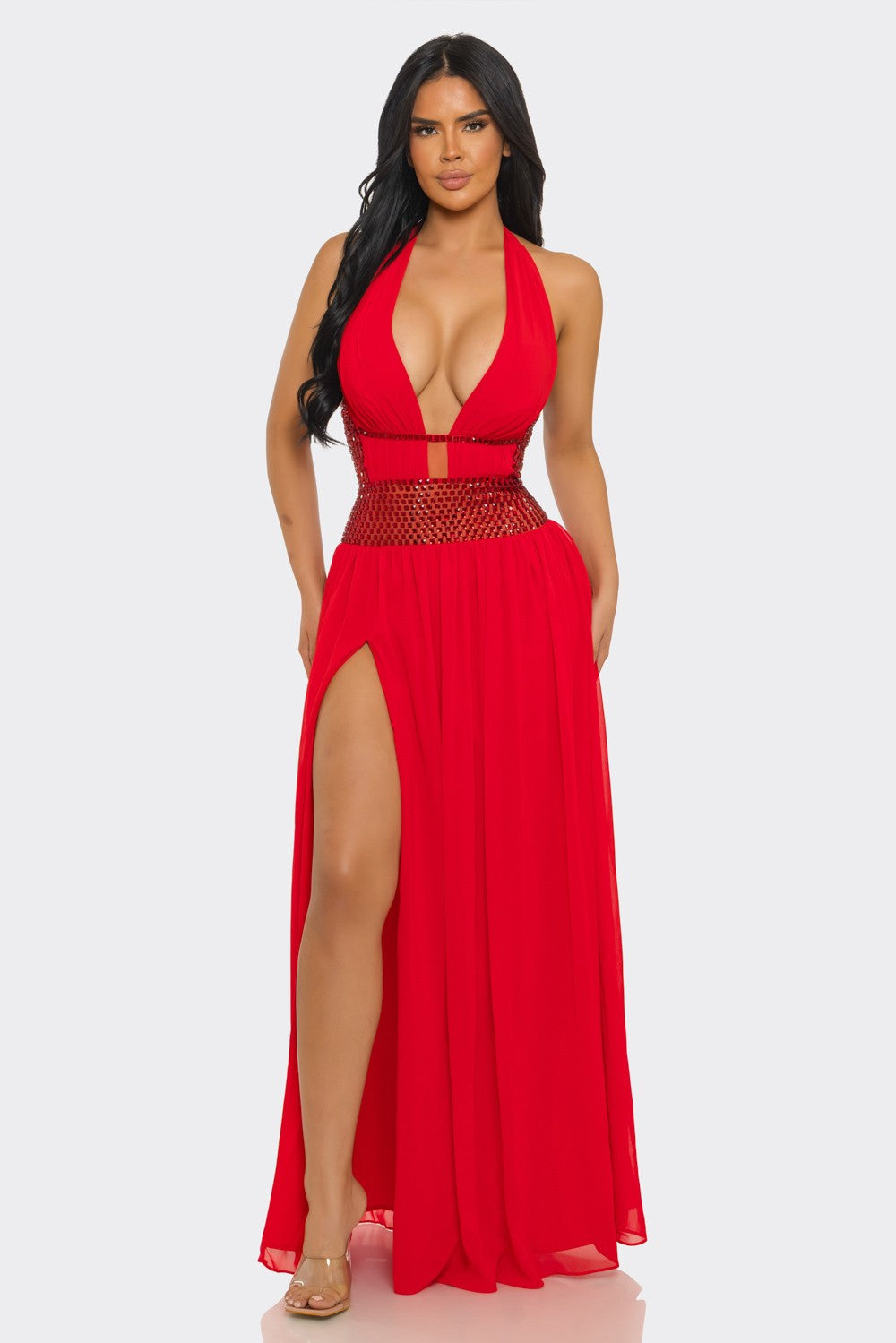 Deep V-Neck & Halter-Style Slit Rhinestones Maxi Dress