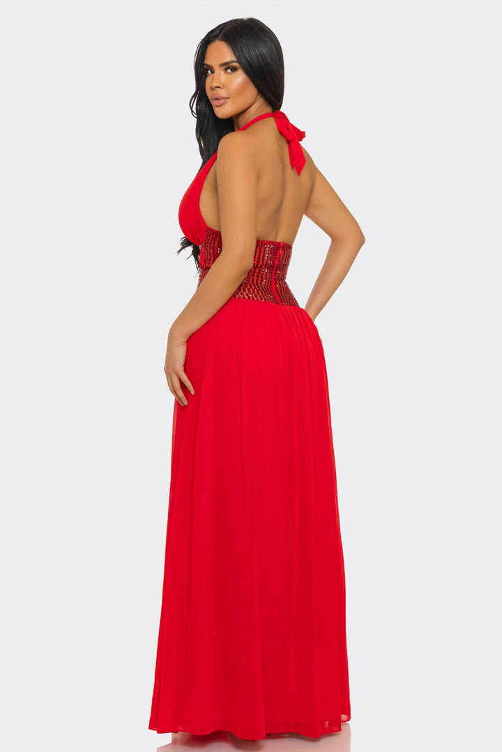 Deep V-Neck & Halter-Style Slit Rhinestones Maxi Dress