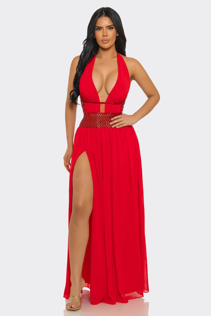 Deep V-Neck & Halter-Style Slit Rhinestones Maxi Dress