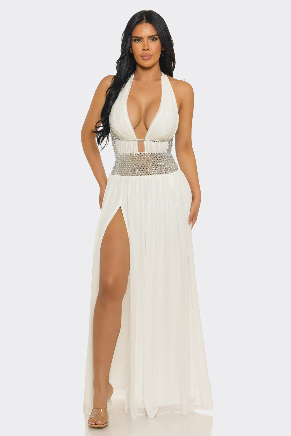 Deep V-Neck & Halter-Style Slit Rhinestones Maxi Dress