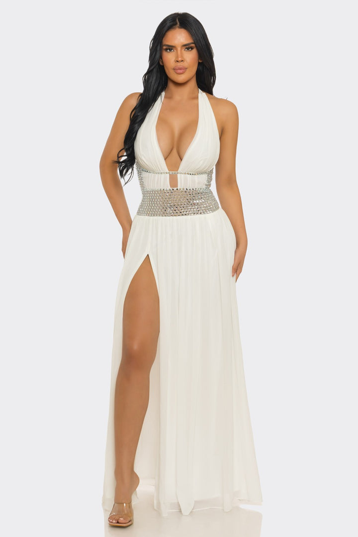 Deep V-Neck & Halter-Style Slit Rhinestones Maxi Dress