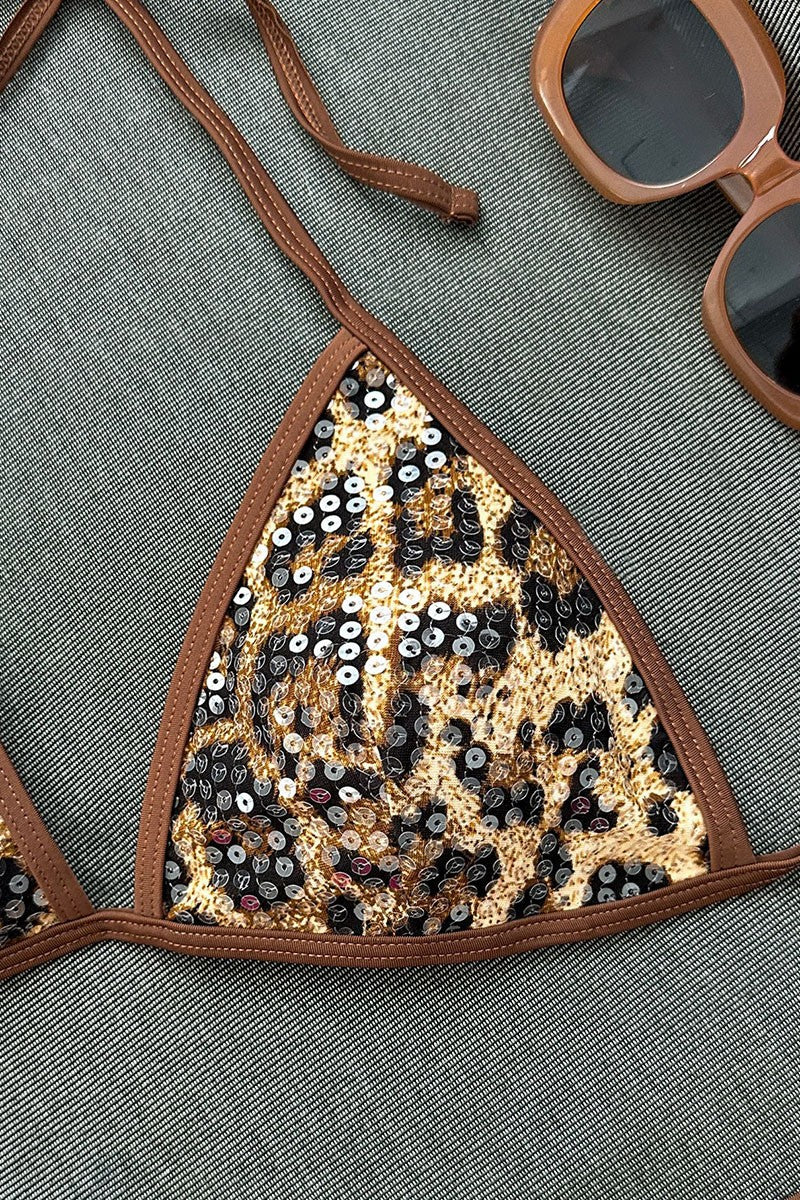 Leopard Sequin Three-Piece Bikini Set