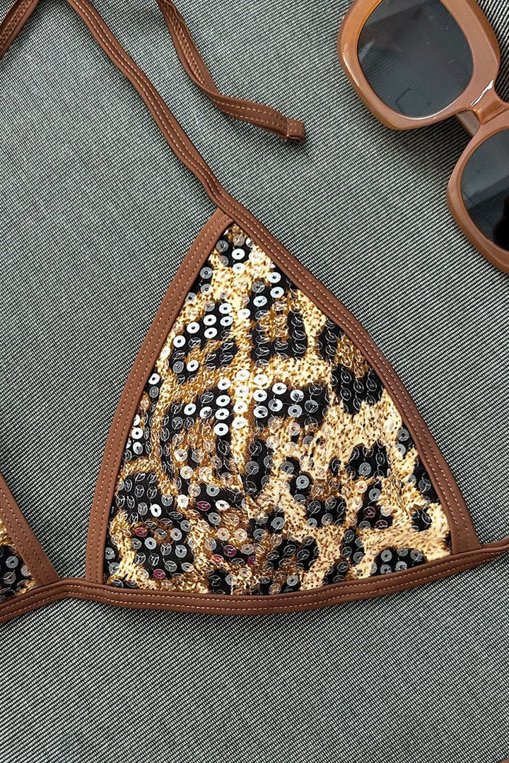 Leopard Sequin Three-Piece Bikini Set