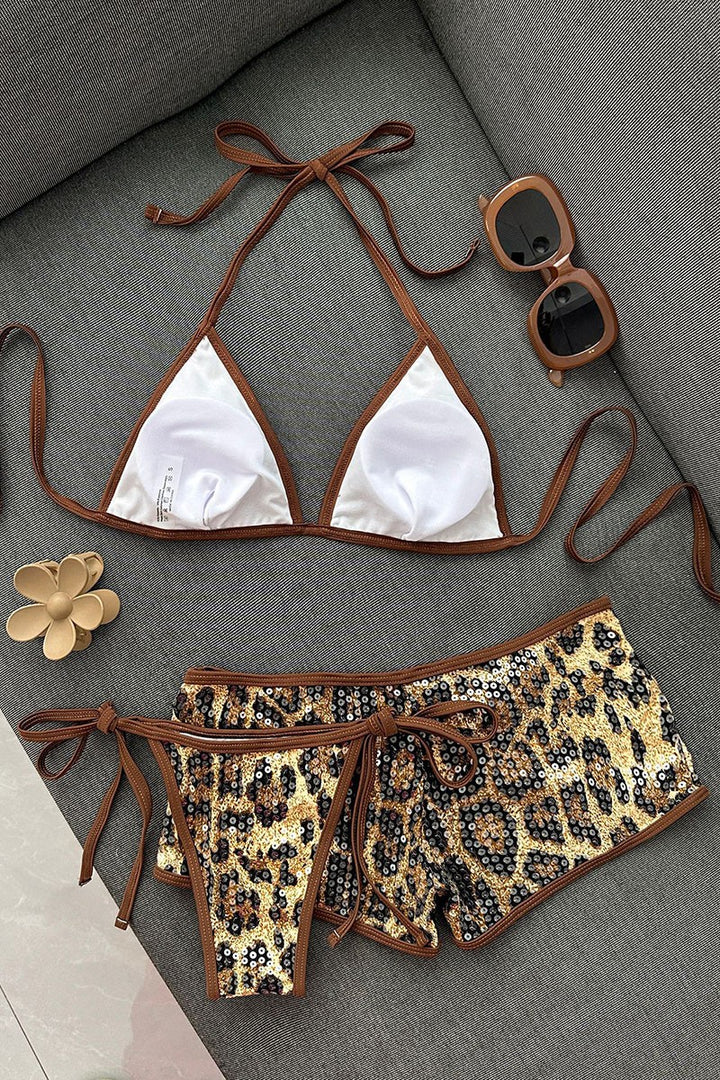 Leopard Sequin Three-Piece Bikini Set