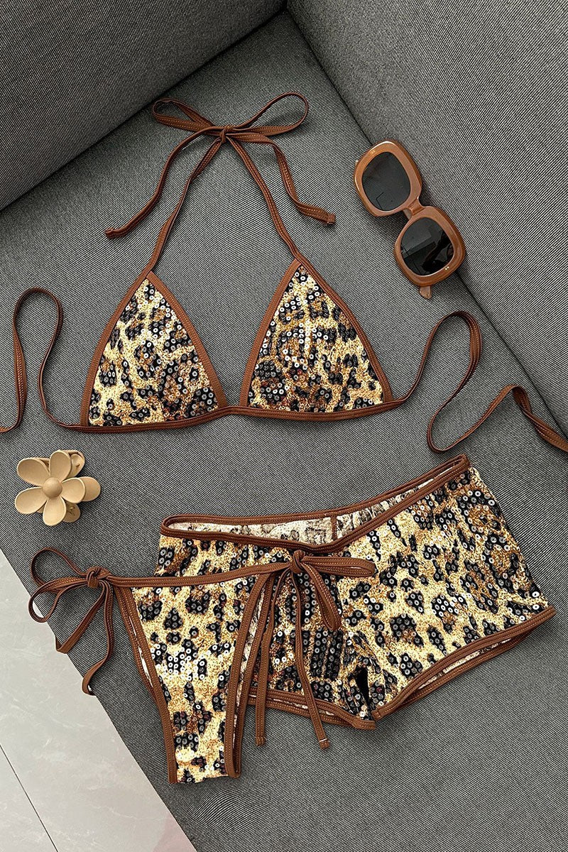 Leopard Sequin Three-Piece Bikini Set