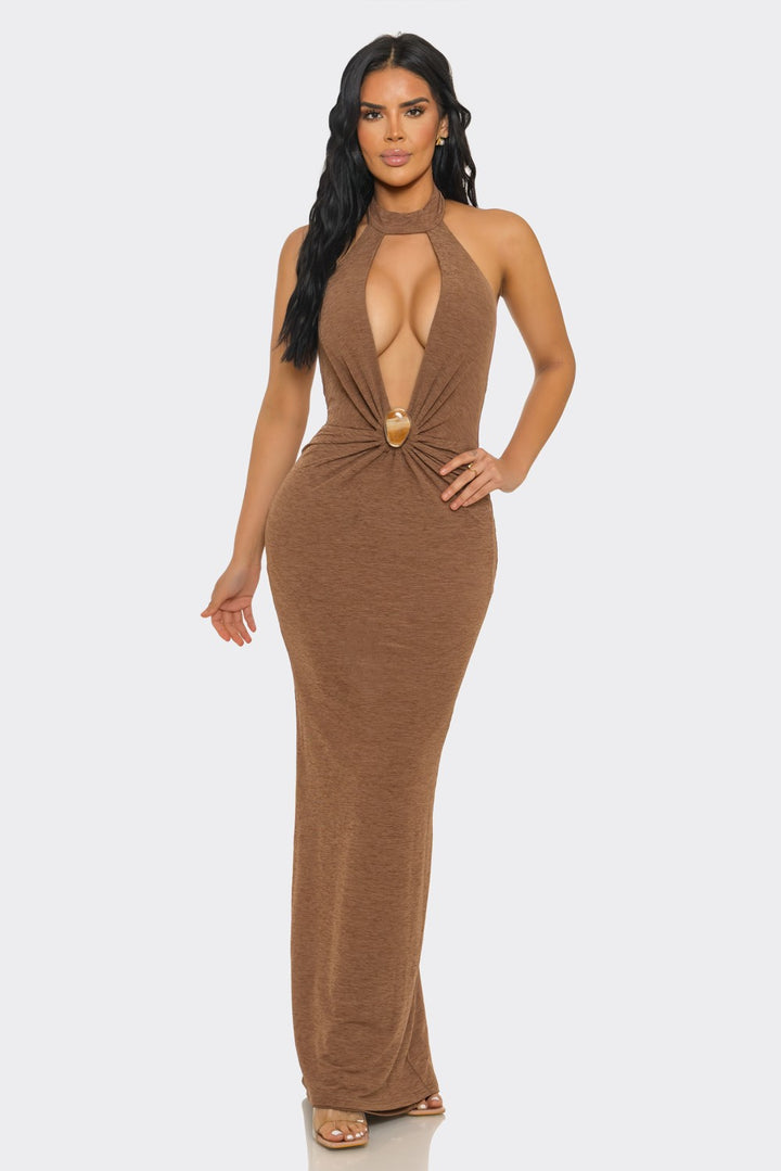 Halter-neck, Ruched & Backless Slit Maxi Dress