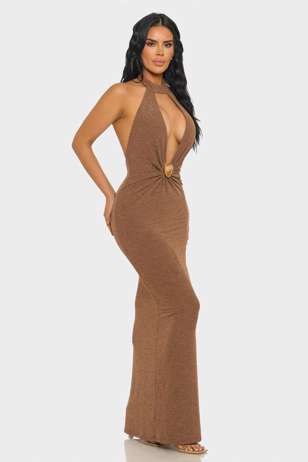 Halter-neck, Ruched & Backless Slit Maxi Dress