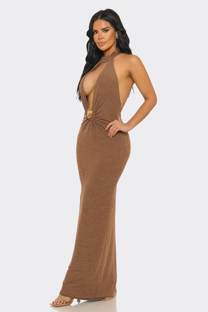 Halter-neck, Ruched & Backless Slit Maxi Dress