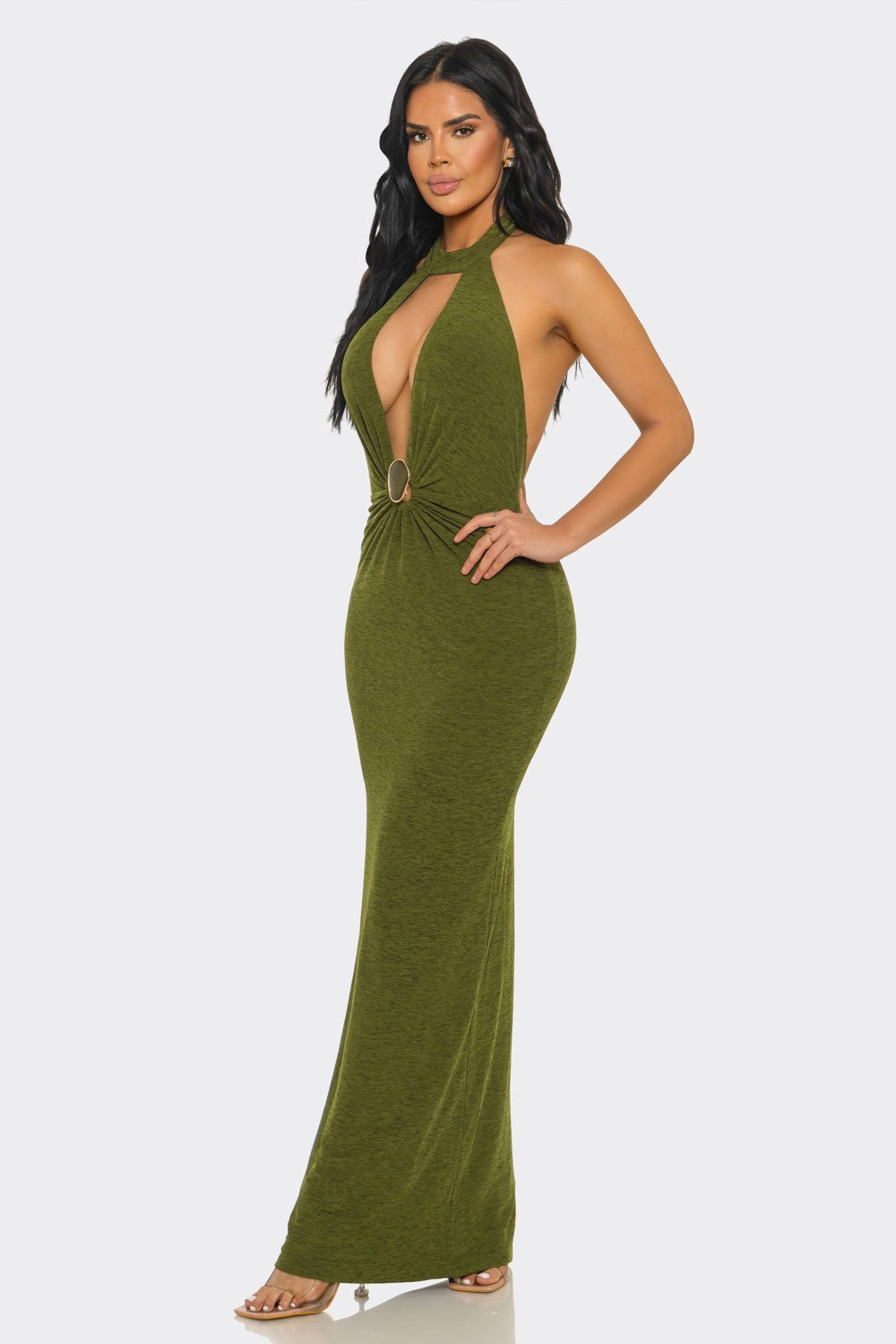 Halter-neck, Ruched & Backless Slit Maxi Dress