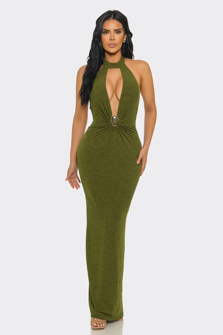 Halter-neck, Ruched & Backless Slit Maxi Dress