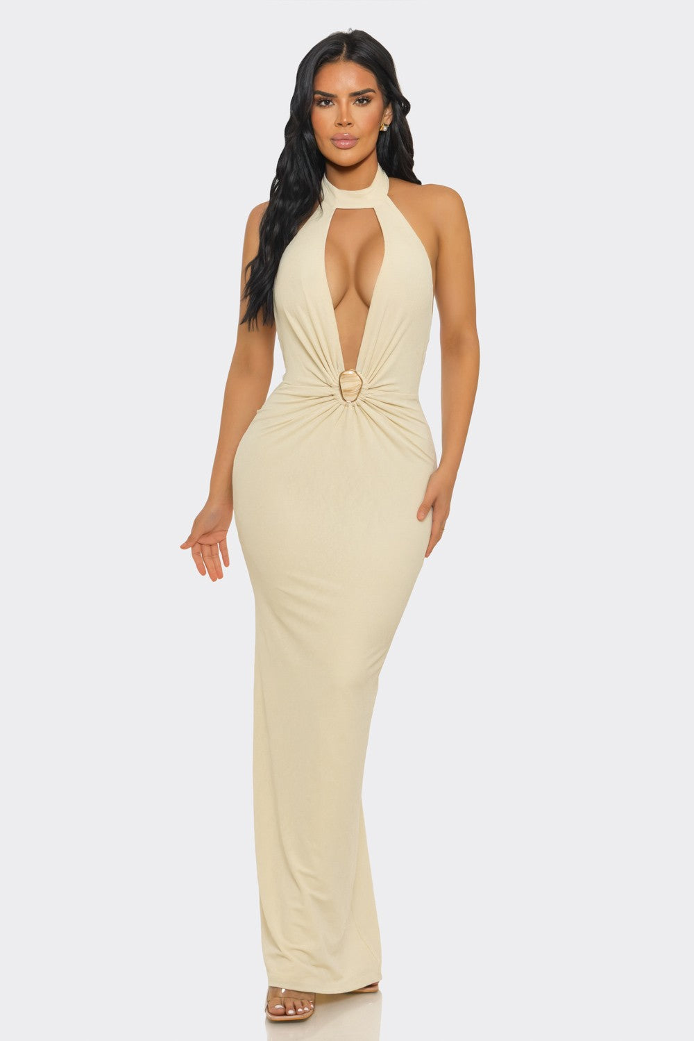 Halter-neck, Ruched & Backless Slit Maxi Dress