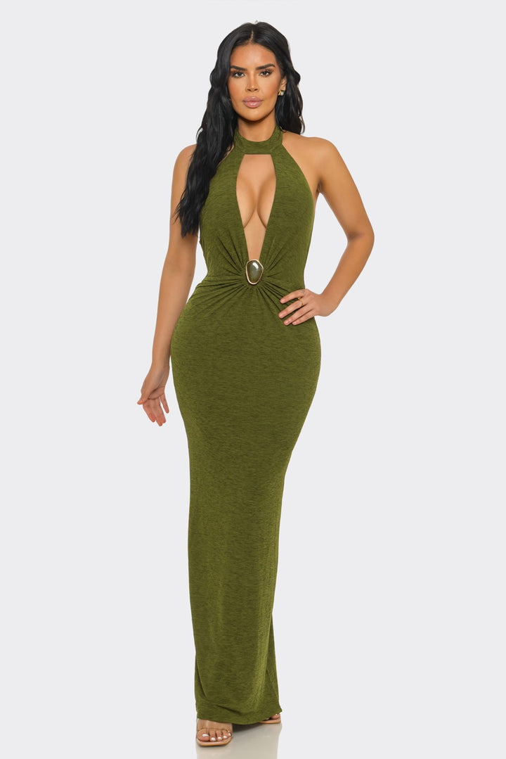 Halter-neck, Ruched & Backless Slit Maxi Dress