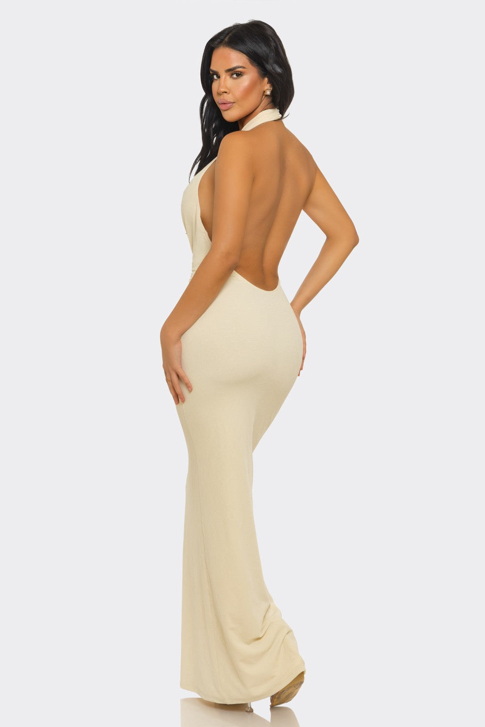 Halter-neck, Ruched & Backless Slit Maxi Dress
