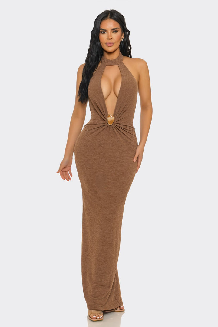 Halter-neck, Ruched & Backless Slit Maxi Dress