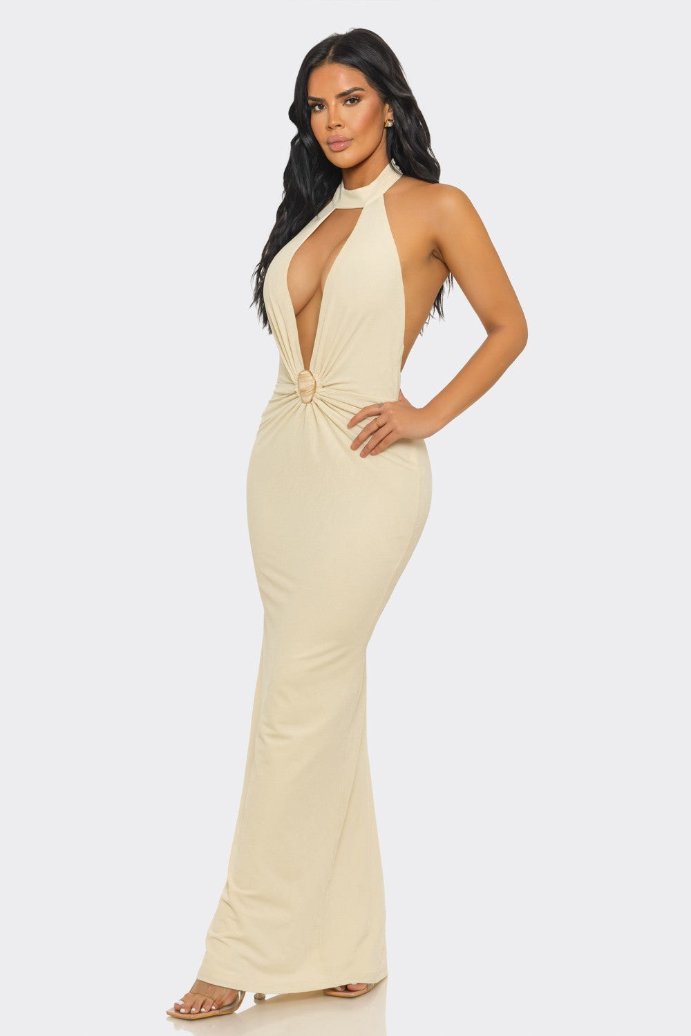 Halter-neck, Ruched & Backless Slit Maxi Dress