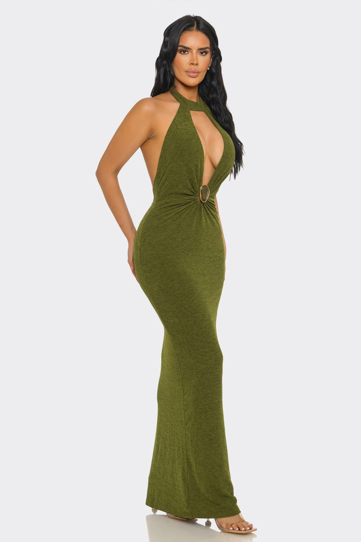 Halter-neck, Ruched & Backless Slit Maxi Dress