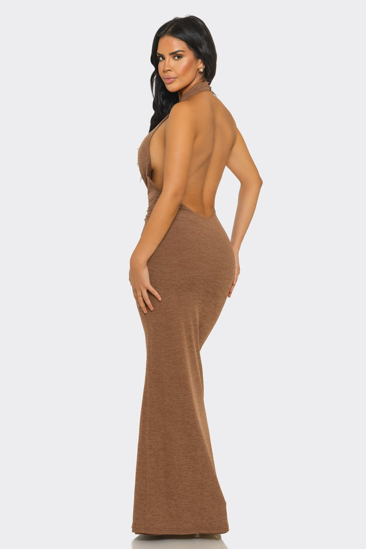 Halter-neck, Ruched & Backless Slit Maxi Dress